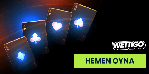 Oyun kartlarıyla Wettigo Casino Hoş Geldin Bonusu sunan tanıtım alanı
